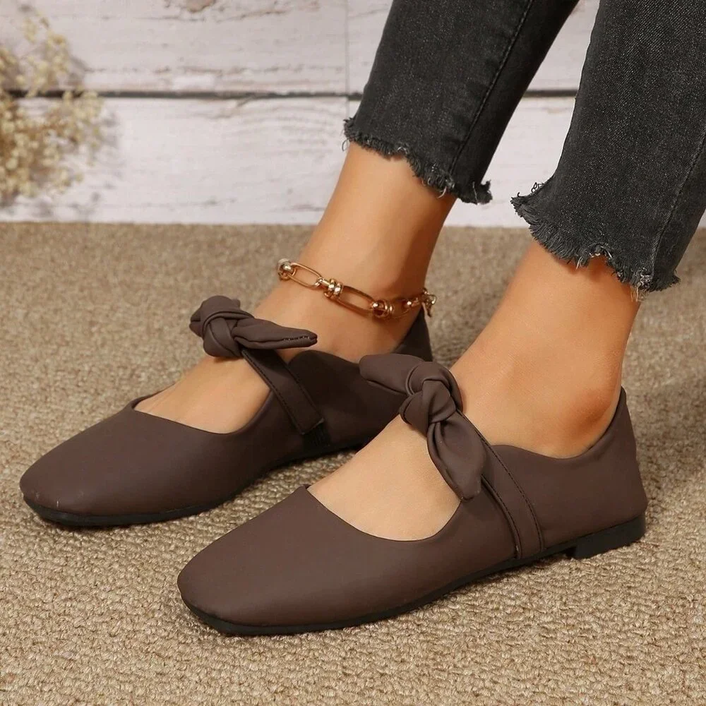 Coffee Brown Elegant Women's Low-Cut Flats with Bow Accent